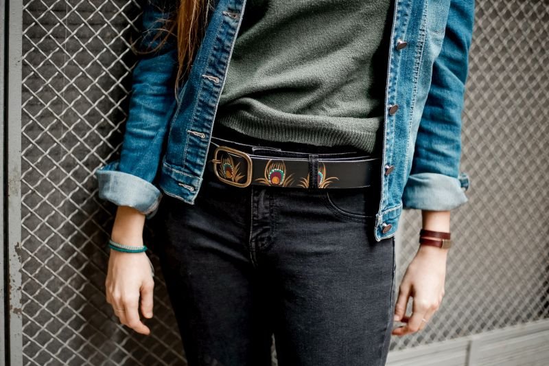 Black belt with peacock feathers belt
