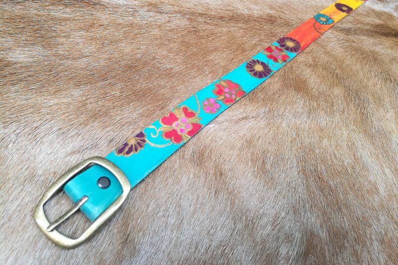 Colorful leather belt with flower design teal belt colorful flowers