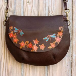 Brown leather bag painted Dragonfly