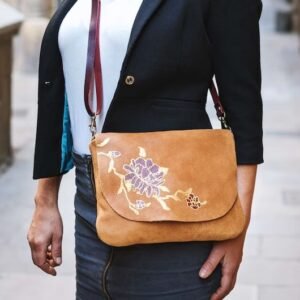 Casual Tan Leather Bag painted with Flowers