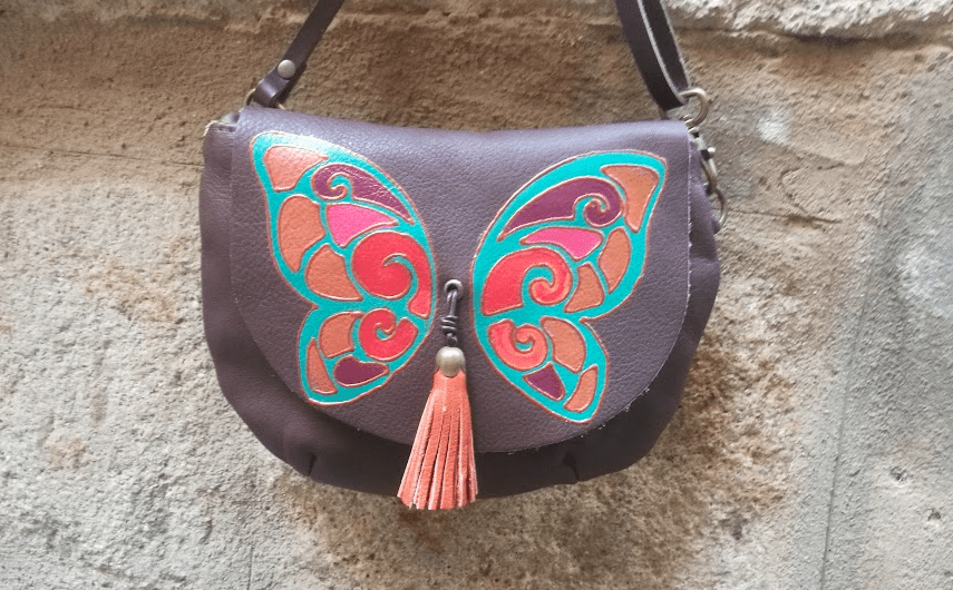Butterfly painted bag Brown leather bag with butterfly