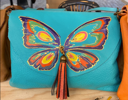 Butterfly painted bag Teal leather bag with butterfly