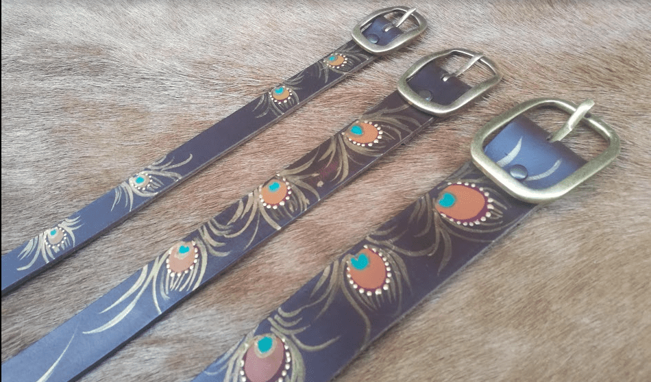 Brown belt with peacock feathers Handmade leather belt