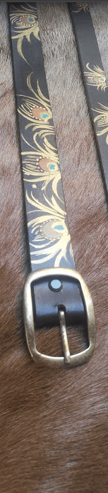 Brown belt with peacock feathers Handmade leather belt